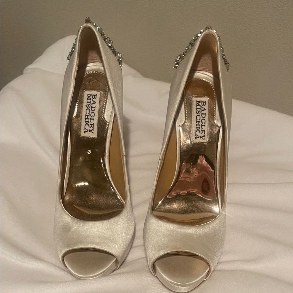 Badgley Mischka Ivory Satin Peep-Toe Heels with Crystal Accent